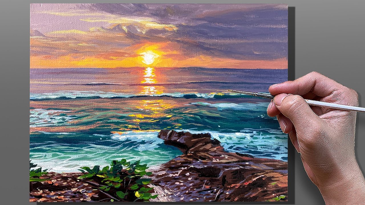 Acrylic Painting Sunset Coastline Seascape / Correa Art
