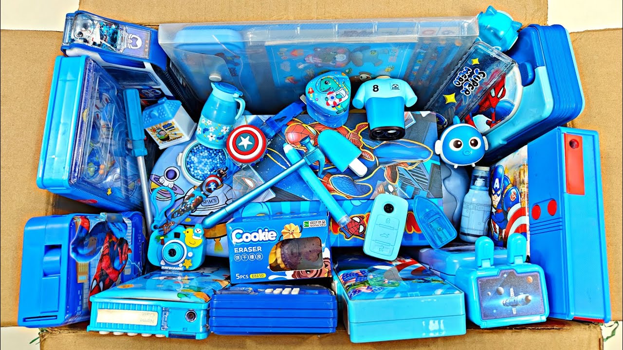 Unboxing blue stationery & toy collection, jumbo pencil box, watch, eraser, school stationery, etc