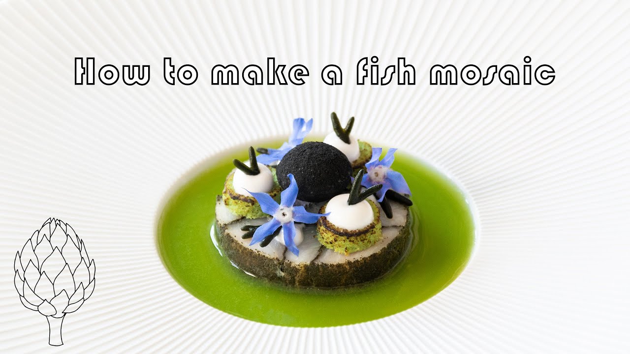 Mosaic fish dish with a cucumber broth and pommes soufflé