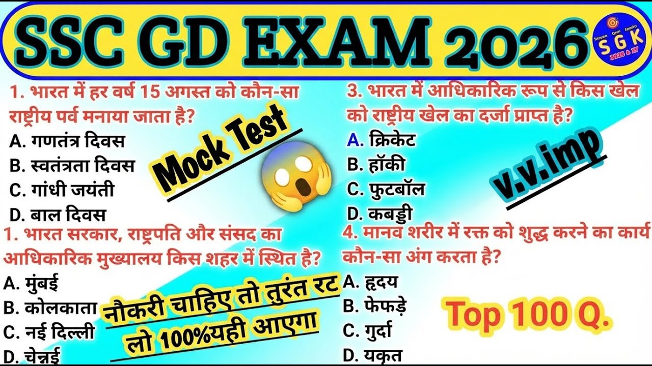 SSC GD Exam 2026😳Top 100 Important Questions |ssc gd gk gs mock test 2026 /SSC GD Classes #sscgd2026