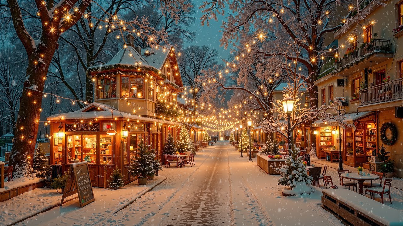 Cozy Winter Jazz Café ❄️ Snowy European Street with Warm Lights for Relax, Work & Study