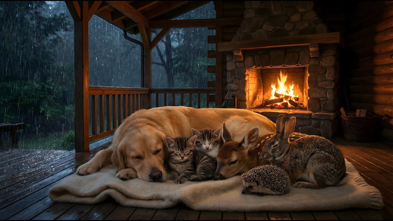 Sleeping Pets by the Fireplace in Slow Rain 🐶🐱🔥Cozy Fire & Rain Sounds for Sleep & Relaxation