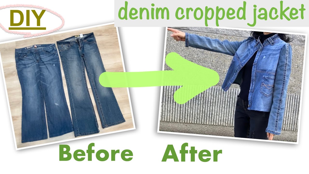 Made/DIYed a pretty denim cropped jacket from old jeans (cc)｜Thrift flip｜將舊牛仔褲改成外套，修飾身型超棒！｜upcycling