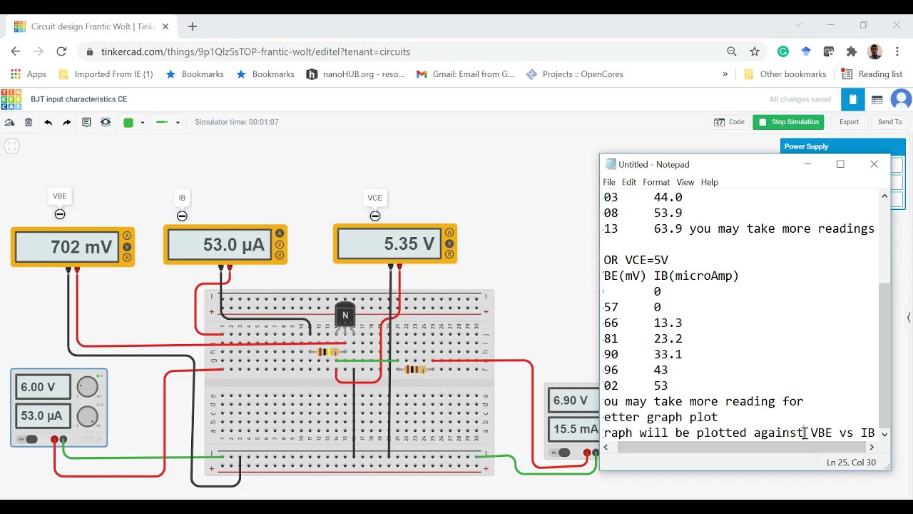 BJT Common Emitter Input Characteristics (in TinkerCAD)