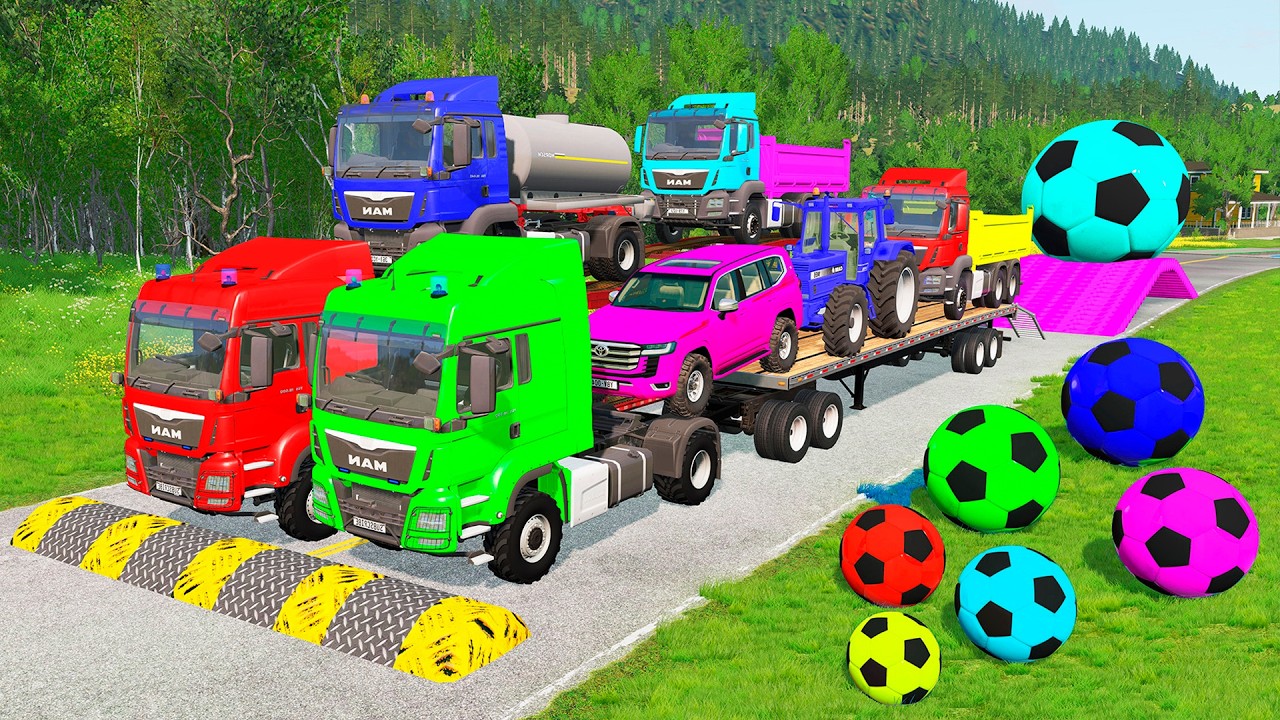 Flatbed Trailer McQueen Transportation with Truck - Speedbumps vs Cars vs Train - BeamNG.Drive #39