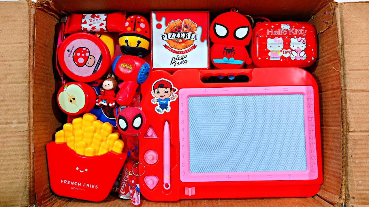 Unboxing Surprise Red Stationery 📚, Coin Pouch, Pencil Box, Sketch board, Desk Lamp, Magic Cup, Pen