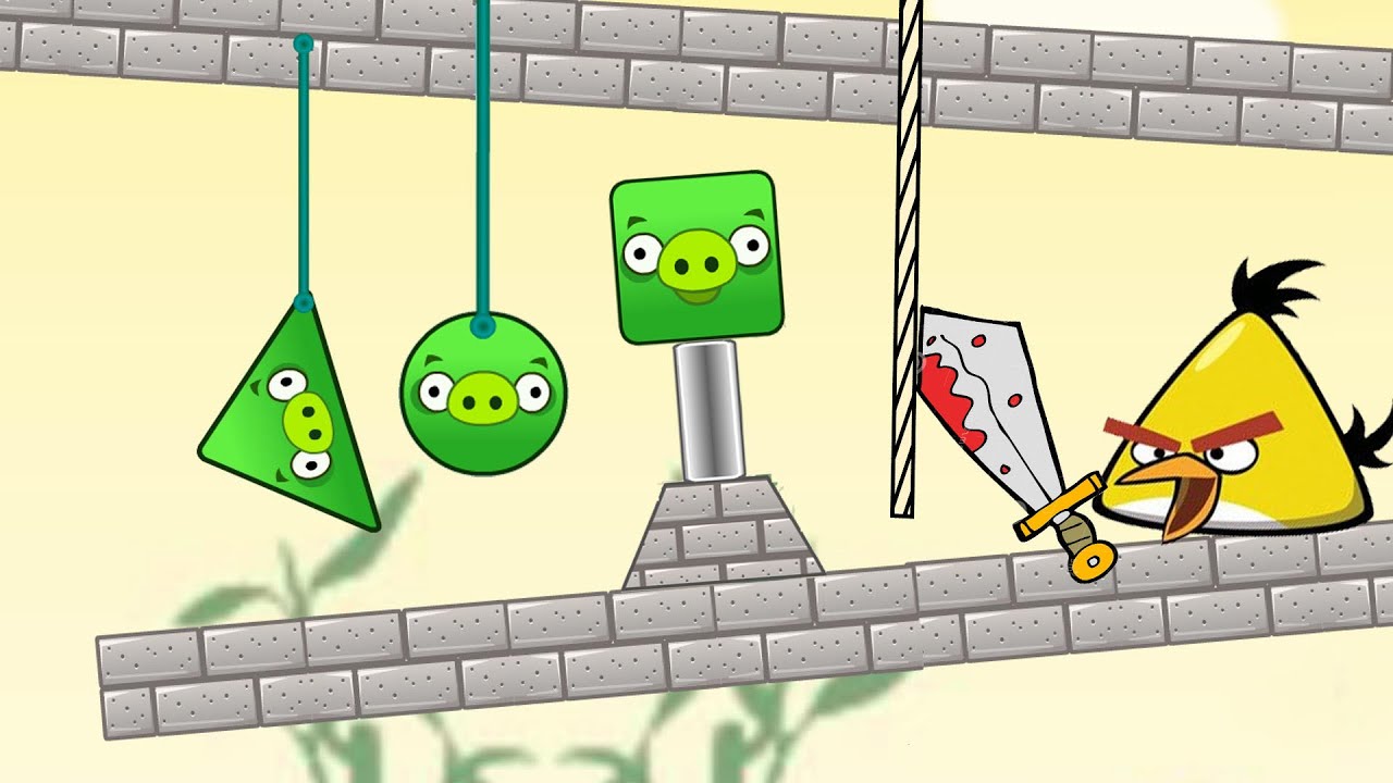 Angry Birds Pigs Out - CUT THE ROPE TO KICK OUT SQUARE TRIANGLE AND ROUND PIGGIES! RESCUE BIRDS!