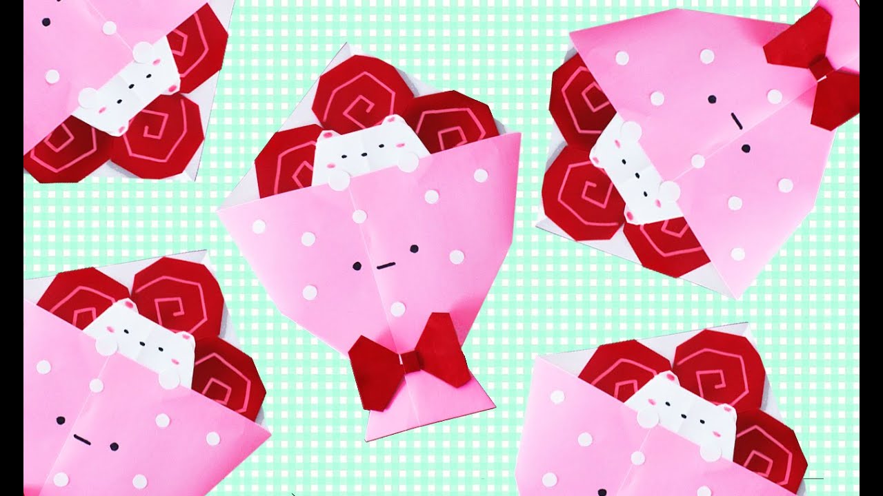 【折り紙】バラの花束の作り方（白くま入り）　origami　bouquet
