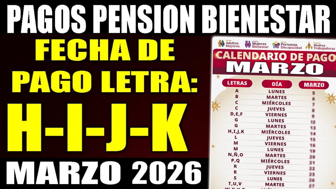 calendario de PAGOS de MARZO 2026 letra H, I, J, K | &iquest;Cuando pagan la pension bienestar?