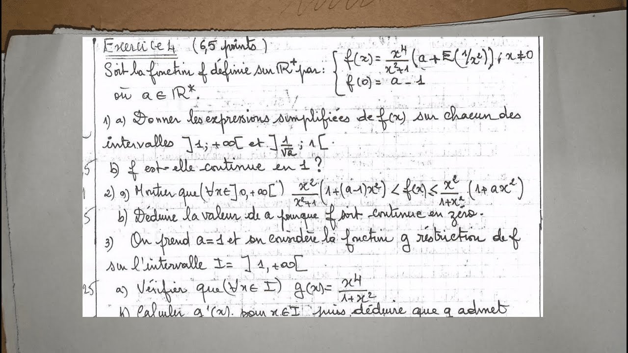 نموذج فرض محروس علوم رياضية، النهايات و الاشتقاق، التمرين 4 DS Mathématiques Science Math Exo