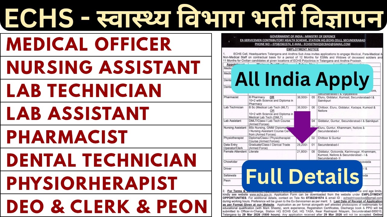 ECHS VACANCY 2026 - LAB TECHNICIAN, PHARMACIST, DENTAL TECHNICIAN, STAFF NURSE DEO, CLERK, MO, PEON