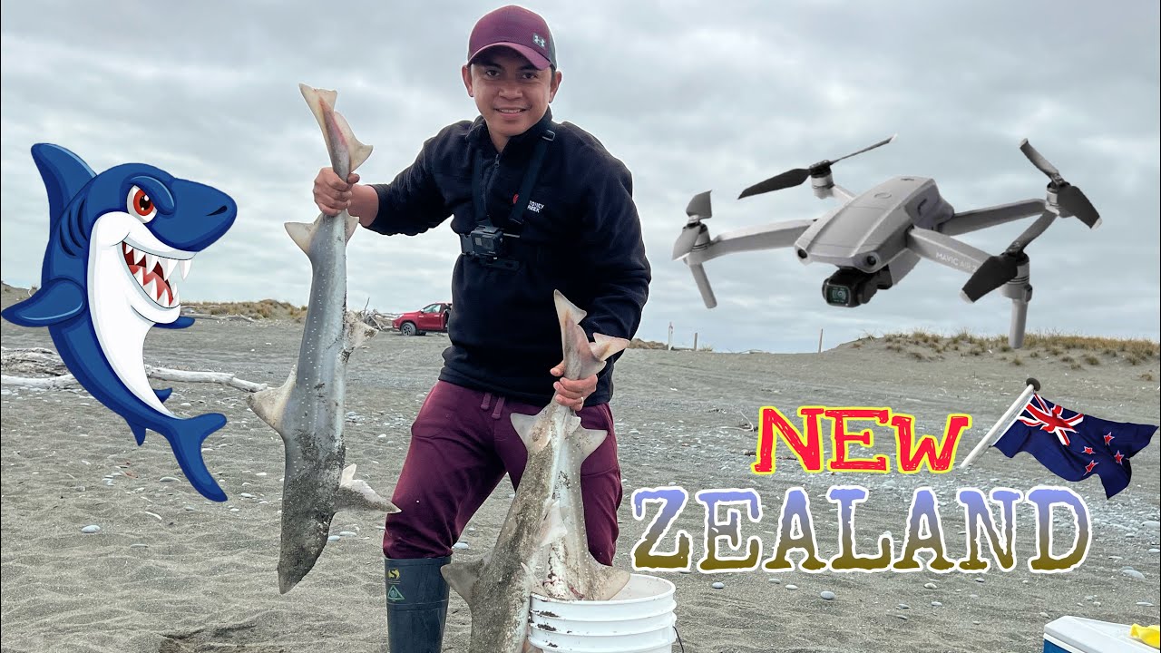 DRONE FISHING WITH A DJI MAVIC PRO AND MASSIVE RIG SHARK at Birdlings Flat New Zealand