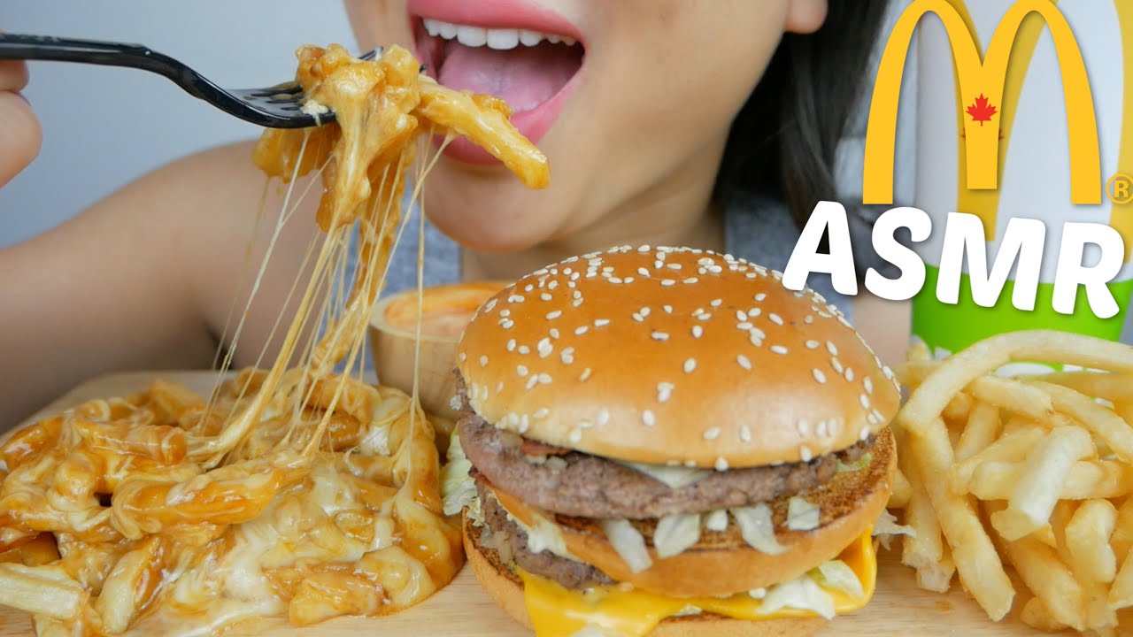 McDonald's Bacon Big Mac,Cheesy Poutine & Fries ASMR *NO Talking Mukbang | N.E Let's Eat