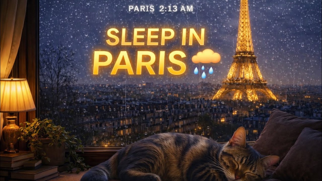 Rainy Paris Dreams | Cozy Cat Sleeping by the Window with Eiffel Tower Ambience 🐾