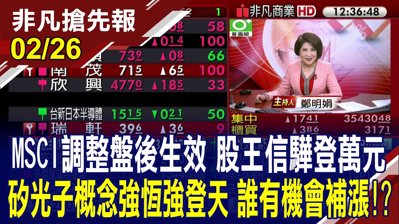 【MSCI調整盤後生效 股王信驊登萬元 矽光子概念強恆強登天 誰有機會補漲!? 新台幣續衝 匯價升破31.3元 創近2個半月新高】20260226 (鄭明娟×胡毓棠) @ustvhotstock