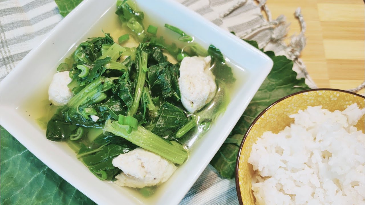 Zuppa di cime di rapa con polpette di pollo[Cucina fusion,ricetta Cambogiana Facile]Aglio E Zenzero