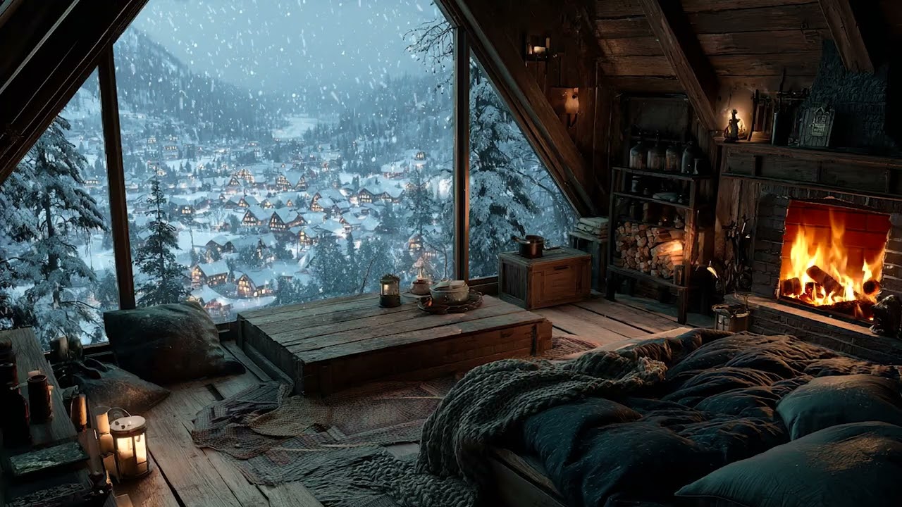 A Peaceful Indoor Winter Night with Snow and Wind Beyond the Window | Calm Ambient Sounds for Sleep