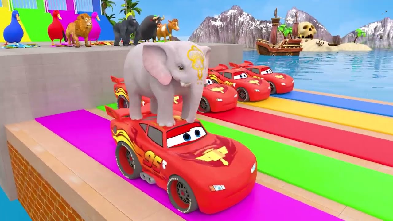 Long Slide Game With Cow Elephant Gorilla Hippopotamus Tiger - 3d Animal Game - Funny 3d Animals