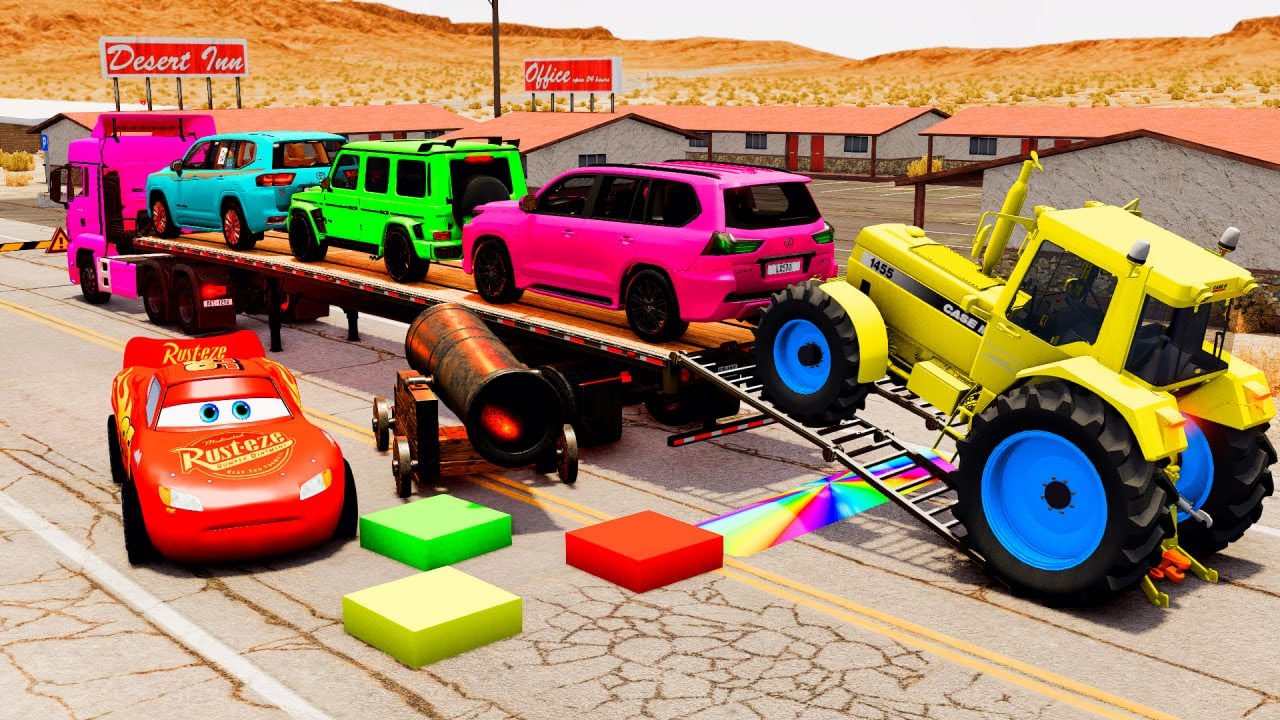 Flatbed Truck McQueen | Transportation with Truck - Pothole vs Car #66 | BeamNG.Drive Gameplay