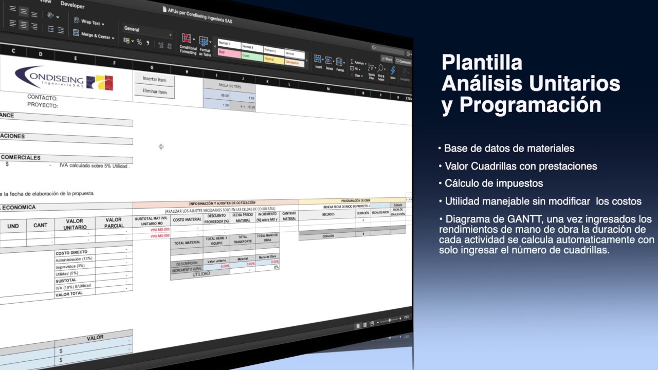 EXCEL - COMO HACER ANALISIS DE PRECIOS UNITARIOS Y DIAGRAMA DE GANTT AUTOMATICO CON PLANTILLA GRATIS