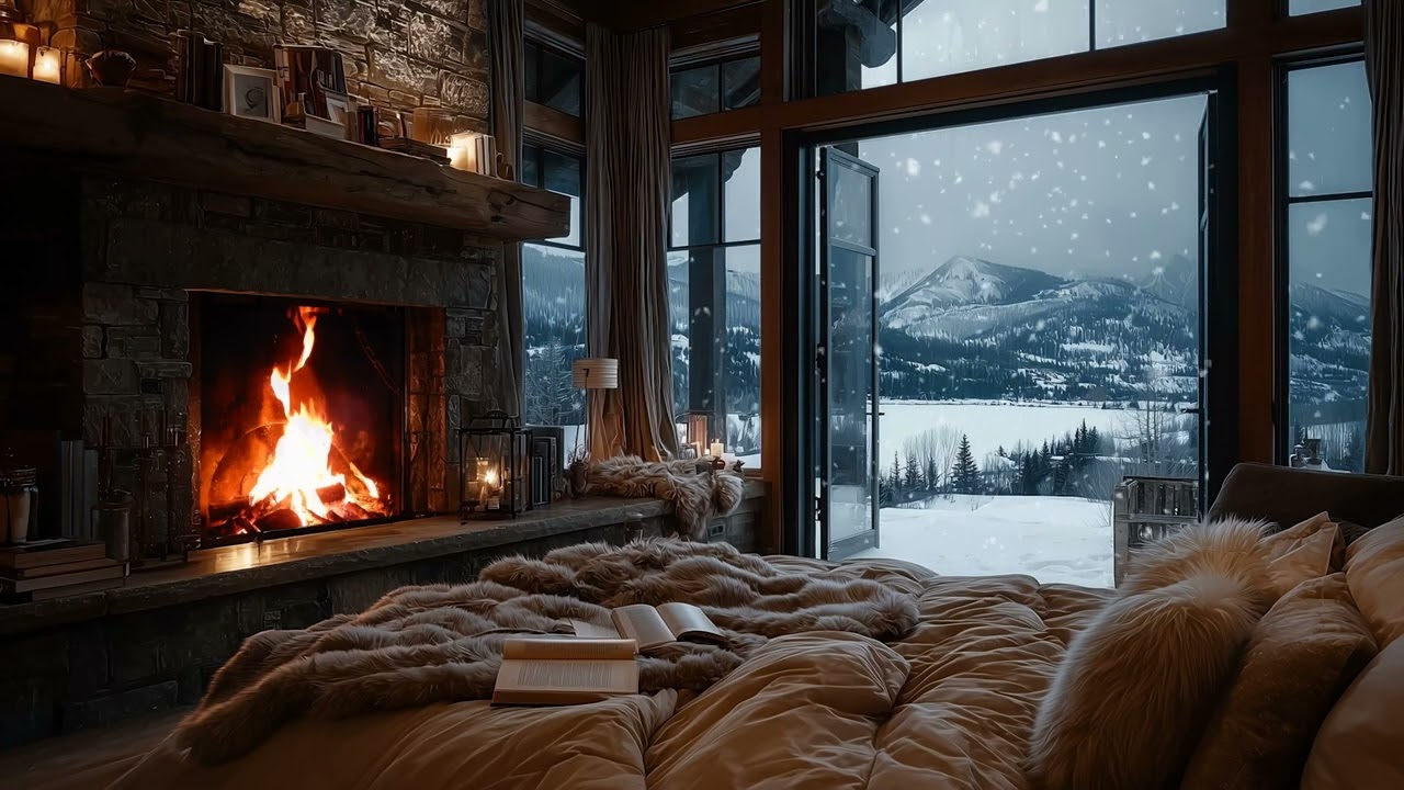 Cozy Cabin Ambience: Fire & Wind Storm 🌬️ Warm Fireplace vs Cold Winter Night ❄️