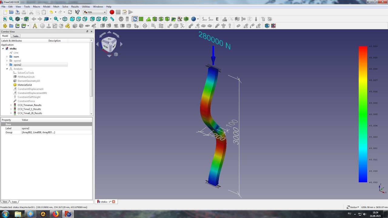 Проверка прочности и устойчивости центрально сжатого стержня во  FreeCAD FEM