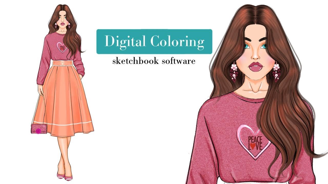 Fashion illustration: digital colorling Sweater and Skirt