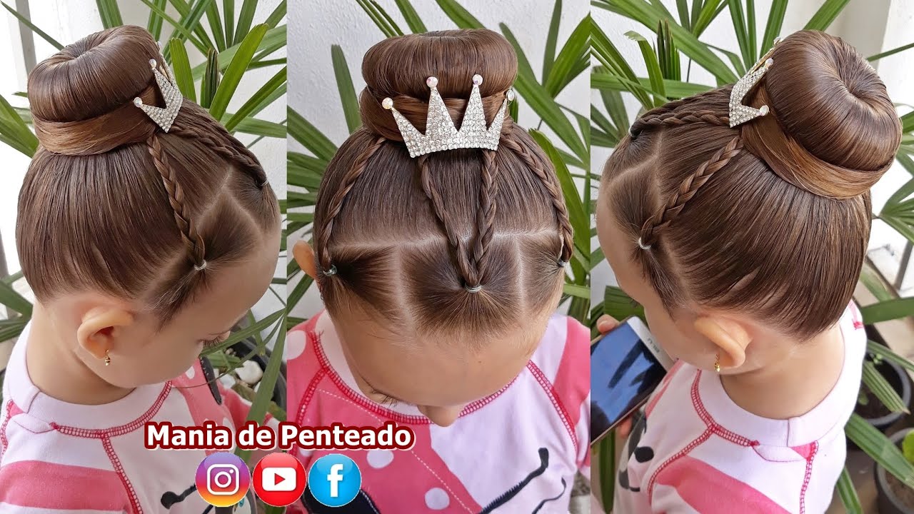 Penteado Infantil com coque, tran&ccedil;as e coroa de princesa