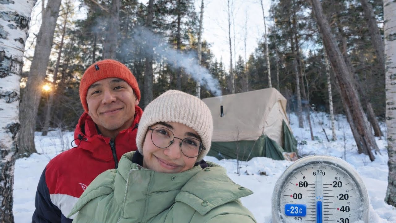 ASMR /Extreme Winter Camping: -23°C Sunny Forest Magic Hot Tent Coffee