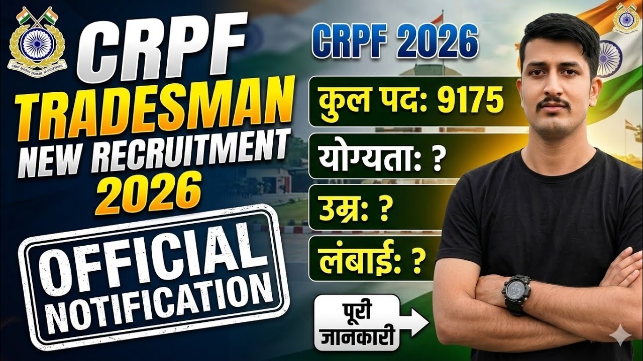 CRPF Tradesman New Recruitment 2026||Total Vacancy=9175|| Qualification 10th Pass|| Full Information