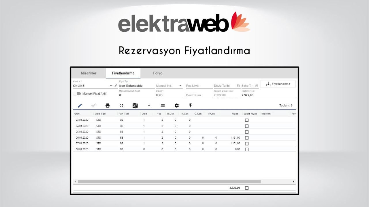 ElektraWeb Reszervasyon Fiyatlandırma