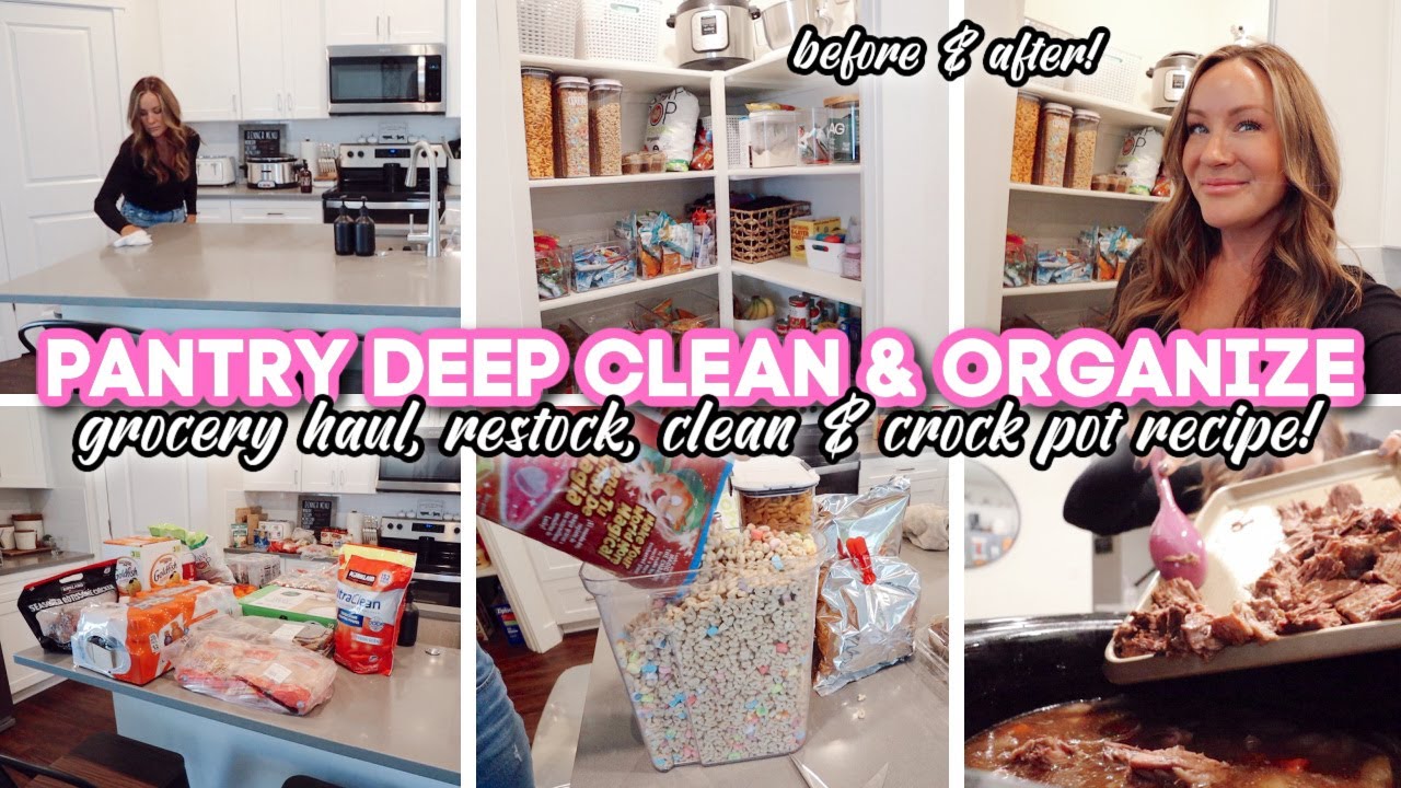 PANTRY DEEP CLEAN & ORGANIZE // grocery haul, pantry restock & crock pot recipe!