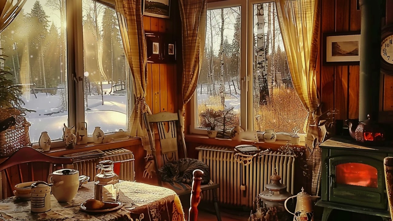 Cozy Vintage Jazz in a Small Village Cafe | Quiet Atmosphere with Crackling Fireplace Sounds