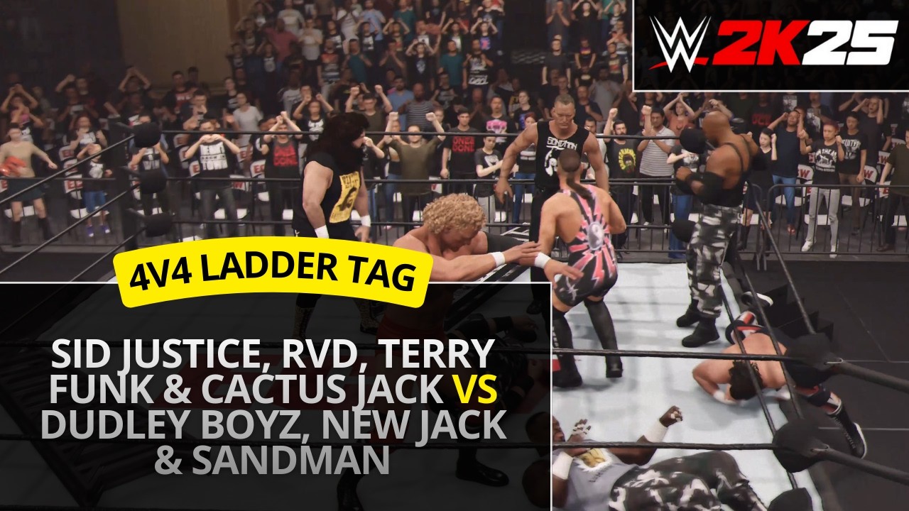 WWE 2K25 – Sid Justice, RVD & Cactus Jack vs Dudley Boyz, New Jack & Sandman (4v4 Ladder Tag)