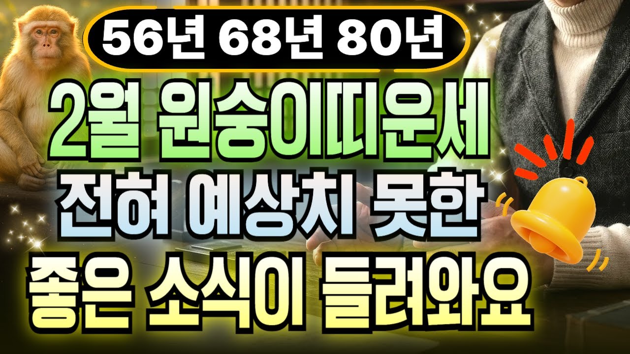 🙊2026년 2월 원숭이띠 운세🙊 귀인 손잡는 달, 기회가  들어와 폭발적인 대운이 들어와 재물과 금전 쏟아진다! 56년생 68년생 80년생 원숭이띠 운세