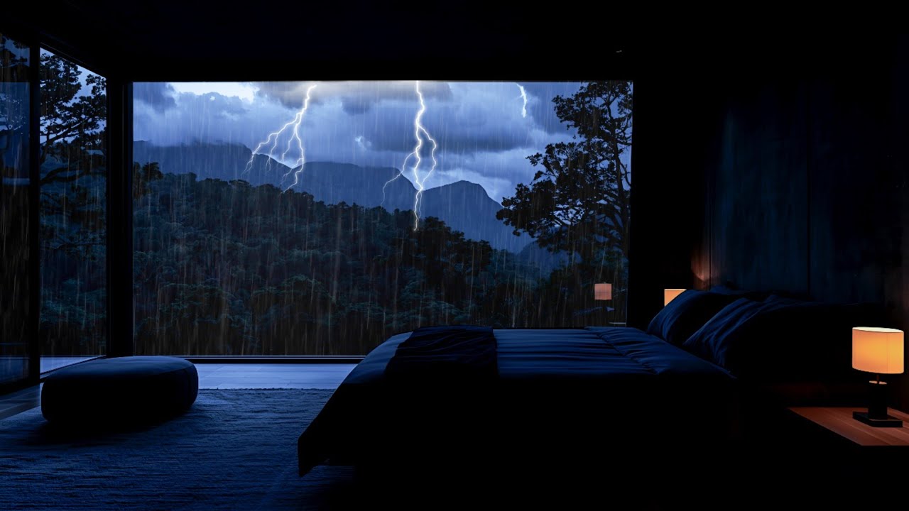 Rainy Night in Luxury Mountain Bedroom 🌧️ Thunder & Window Rain for Deep Sleep 💤