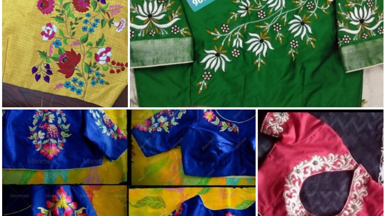 Latest trendy highneck computer embroidery blouse works