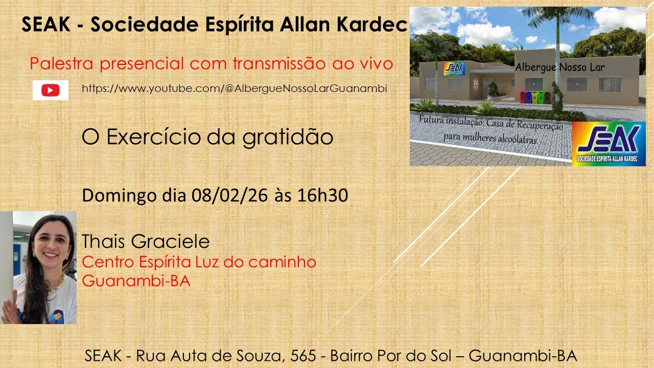 Palestra com Thais Graciele no Allan Kardec domingo (08-02) ás 16h30.