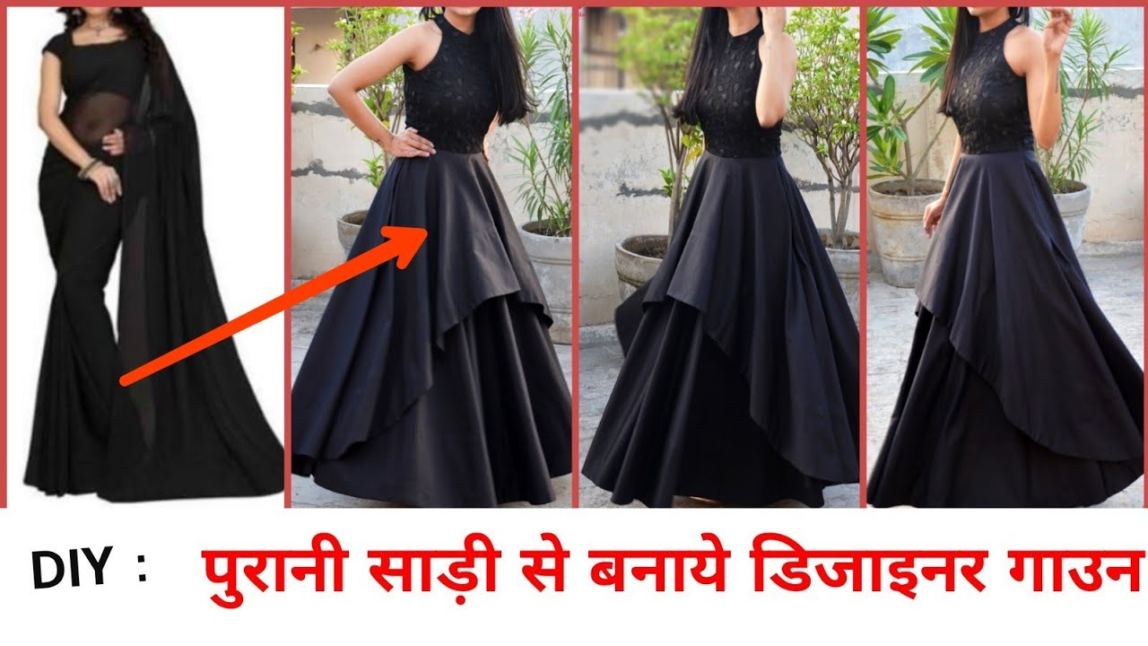 DIY : Convert Old SAREE/Fabric Into double layer Ruffle Dress /  Long Gown Dress