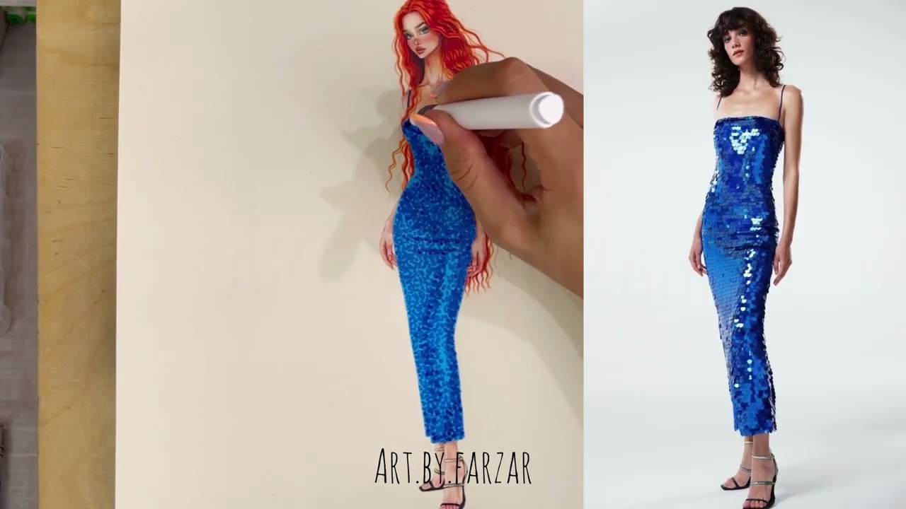 Sequin dress drawing with acrylic طراحي پيراهن پولك با اكريليك