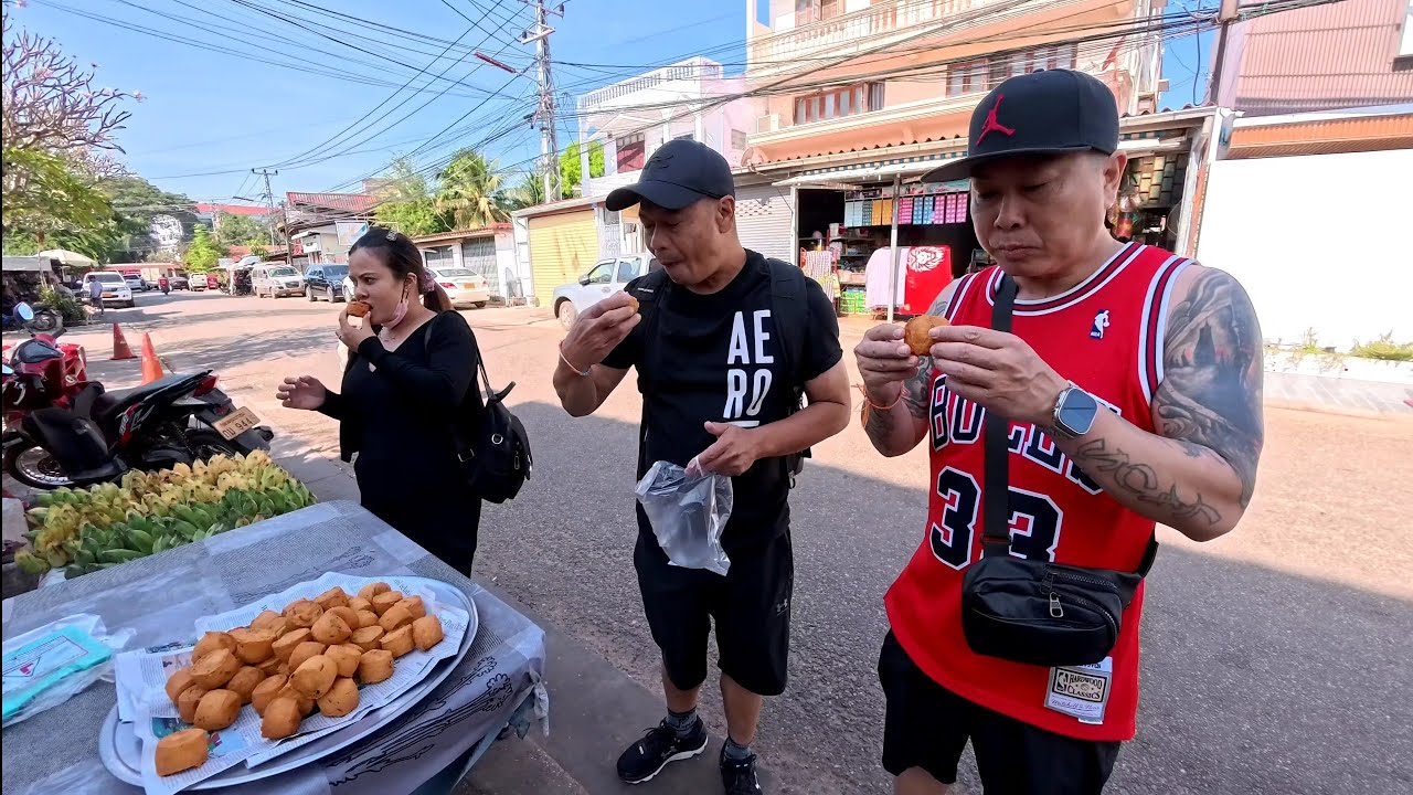 Taking a nice walk in Laos, eating and shopping at morning market 