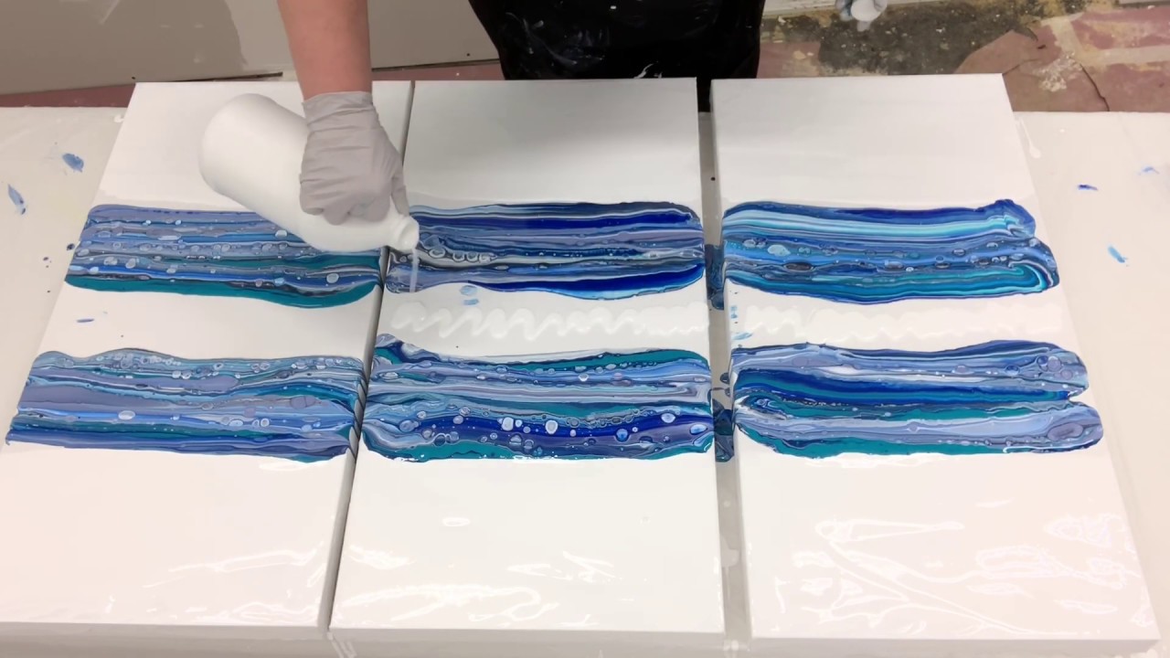 Large Triptych Acrylic Paint Ribbon Pour