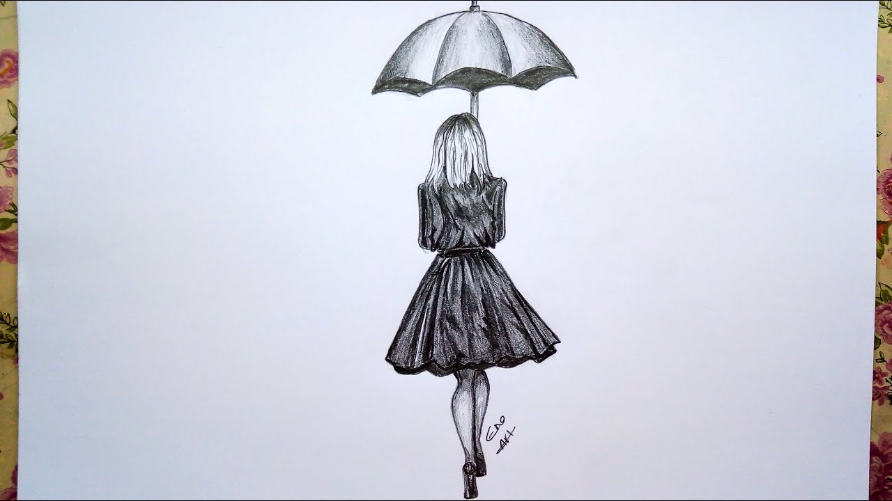 how to draw  girl with umbrella ||  pencil sketch and shading