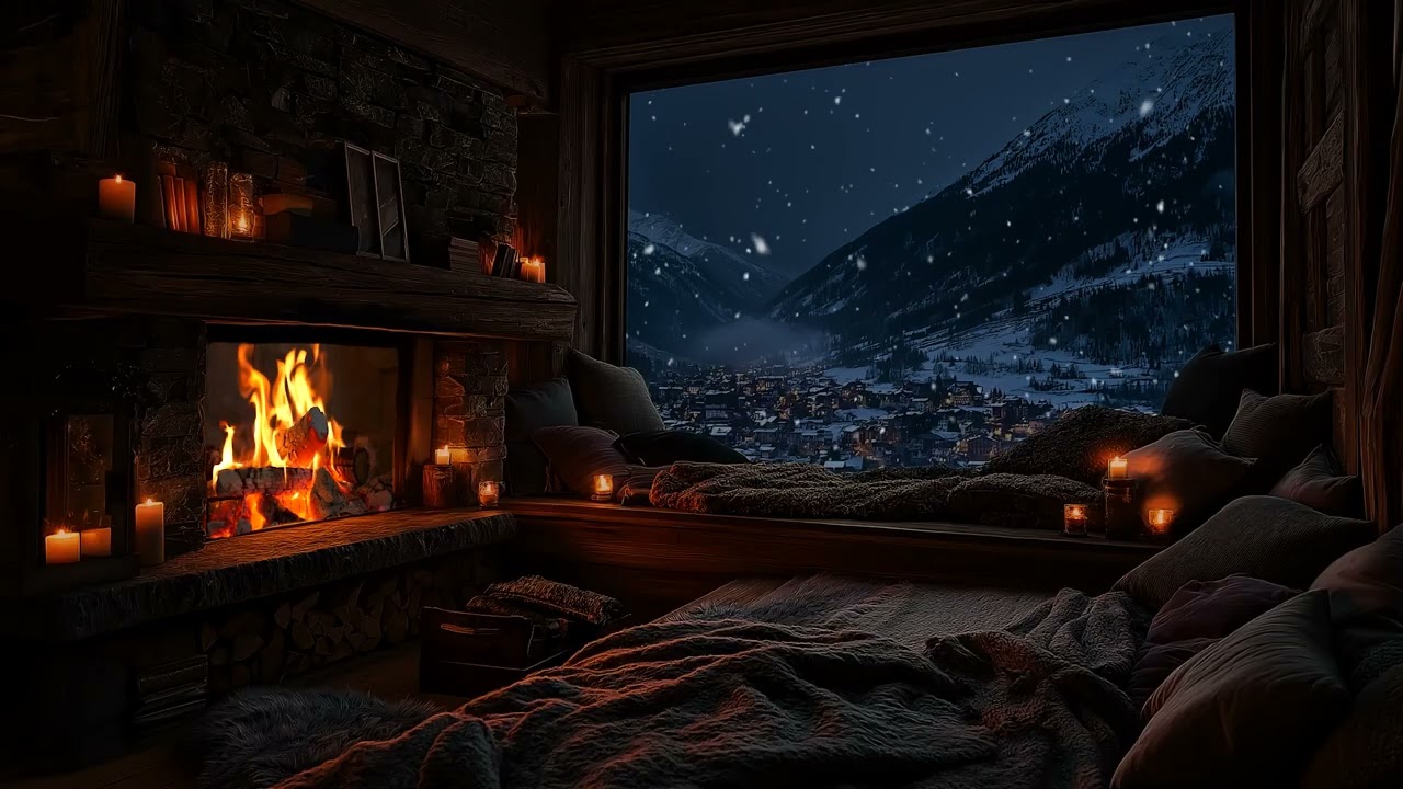 Windy Night Outside the Window and Fireplace Sounds for a Deep Cozy Ambience
