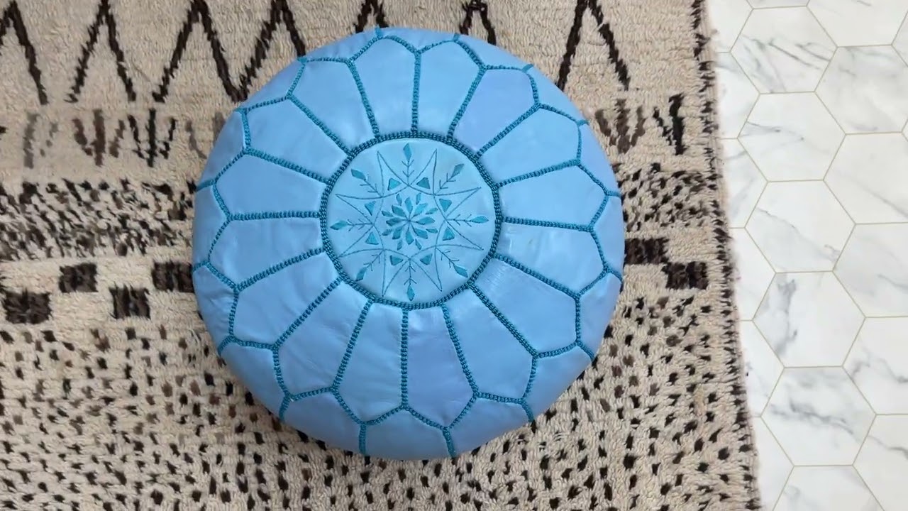 Kechart &ndash; Sky-blue Moroccan floor ottoman, pure leather pouf cover, traditional leather chairs