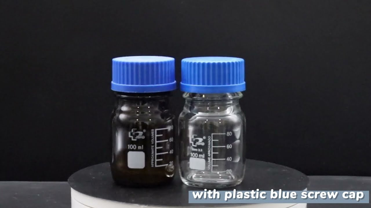 Amber Brown or clear Glass Reagent bottle (Media bottle) with plastic blue screw cap
