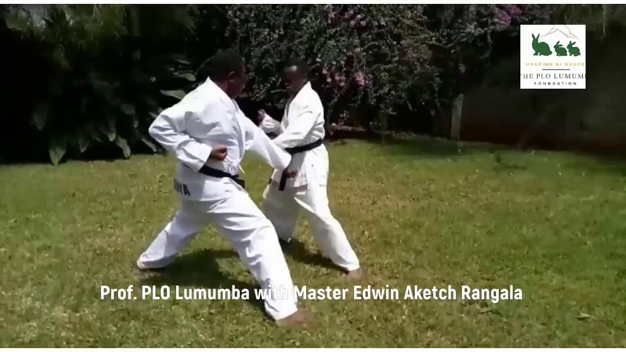 Prof. PLO Lumumba with Master Edwin Aketch Rangala, showing Basic Karate moves