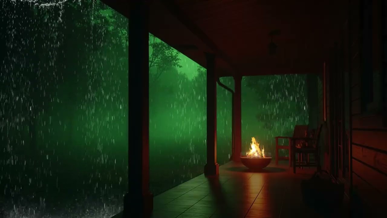 Endless Heavy Rain and Warm Fire Ambience for Stress Relief and Sleep