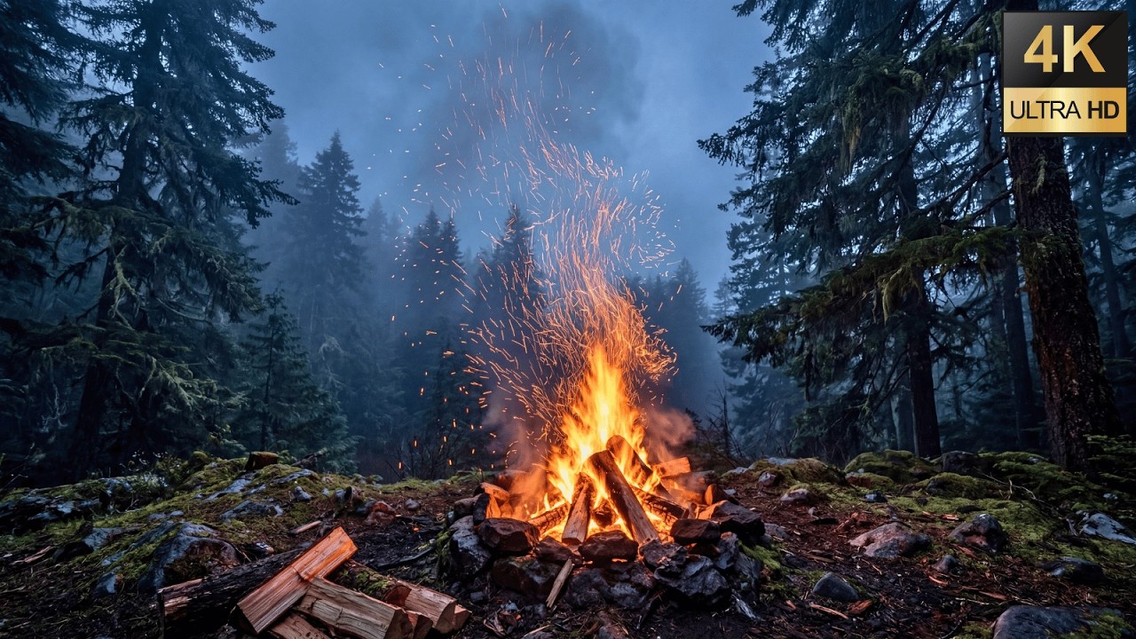 4K Firestorm in Cold Mist - Intense Crackling Fire Sounds for Deep Sleep | SylvaSpark
