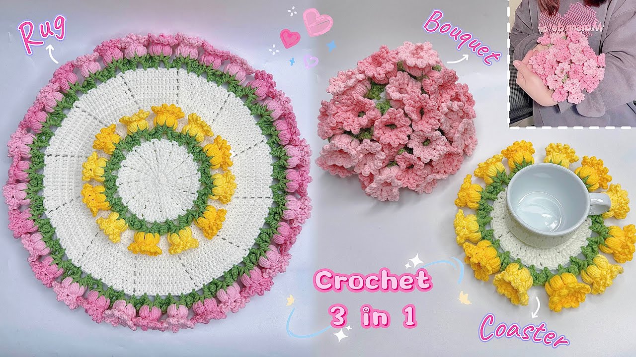 Crochet 3 in 1: Flower Coaster, Rug And Flower Bouquet 💞 | Móc Lót Ly Và Thảm Lót Hoa Chuông
